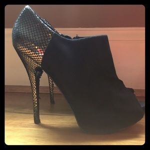 Aldo black suede, silver snakeskin peeptoe booties